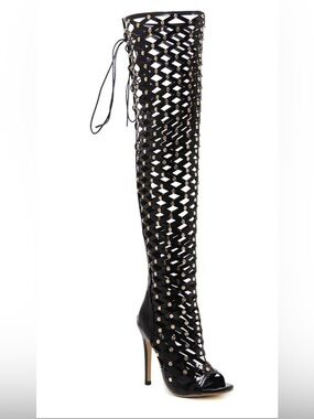 Studded Black Lace-Up Over-The-Knee Heel Boots Sz 5 NWOT